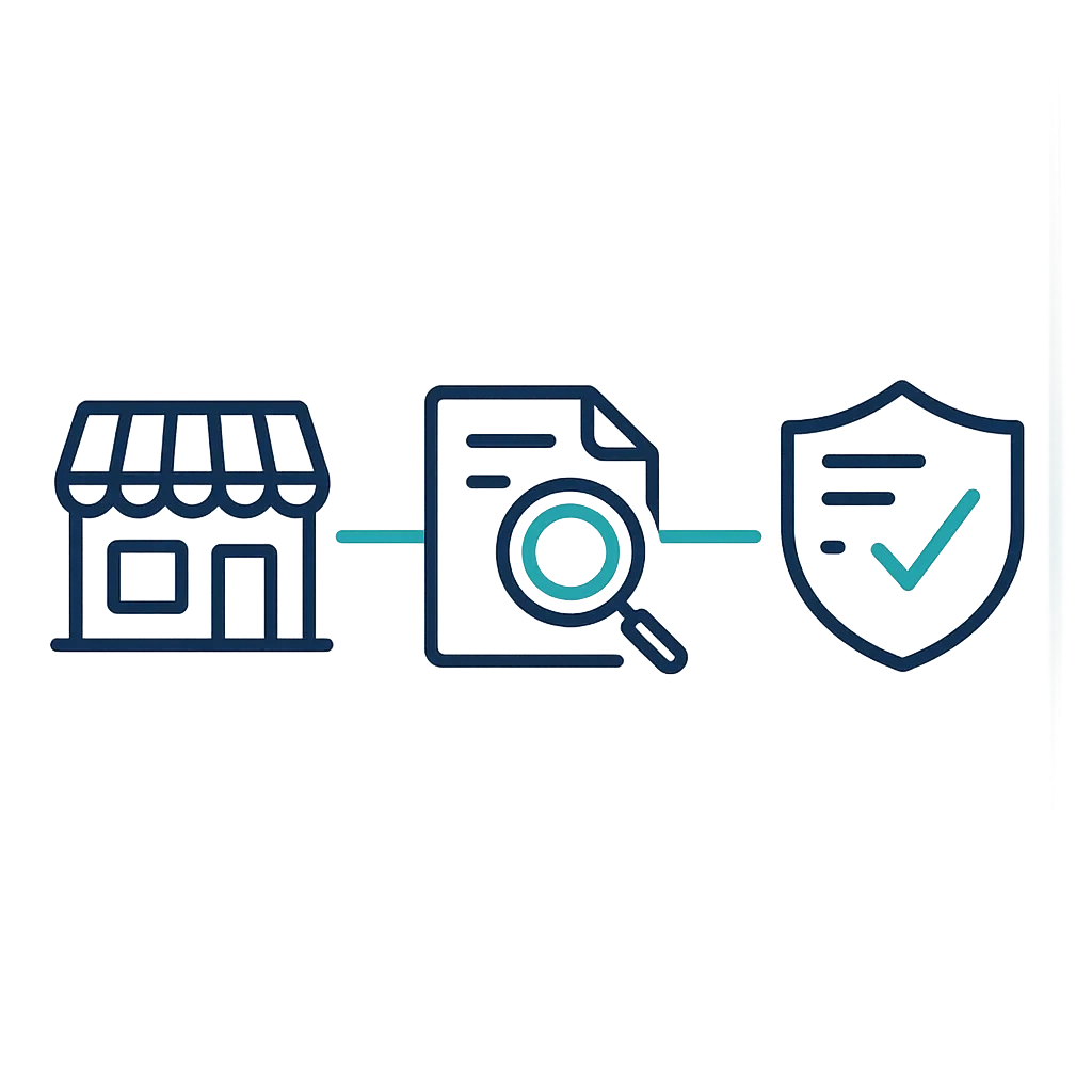 Business Verification Process Flow showing Vendor, Independent Review, and Verification Report