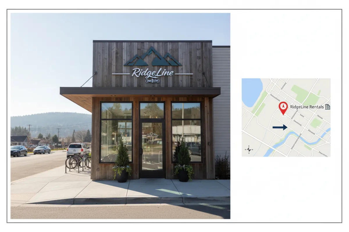 Map and frontage view for RidgeLine Equipment and Tool Rental location