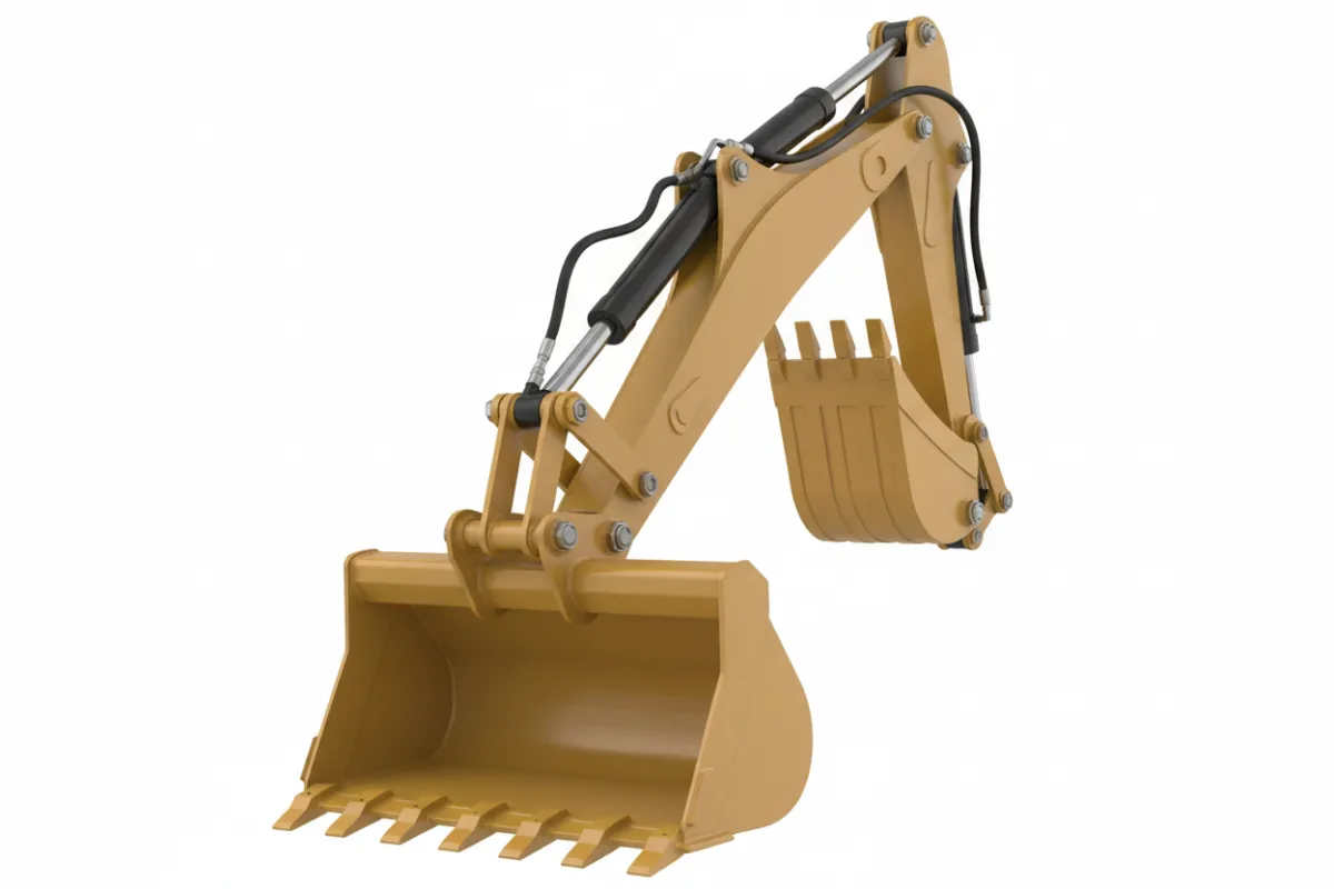 Heavy equipment rental backhoe attachment on dark background