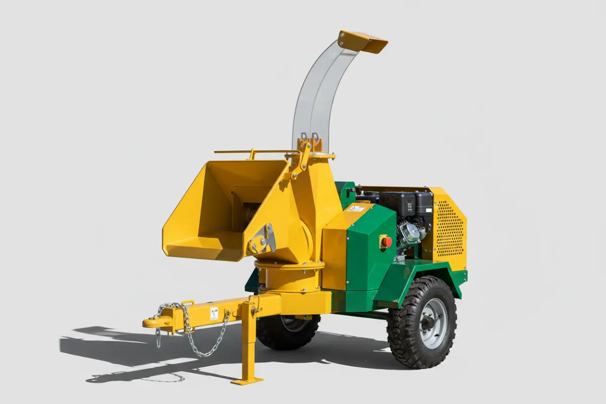 Towable chipper unit with clear chute and hitch details, clean background.