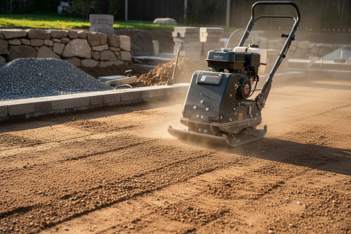 Plate compactor working on compacted soil, highlighting motion and surface texture.