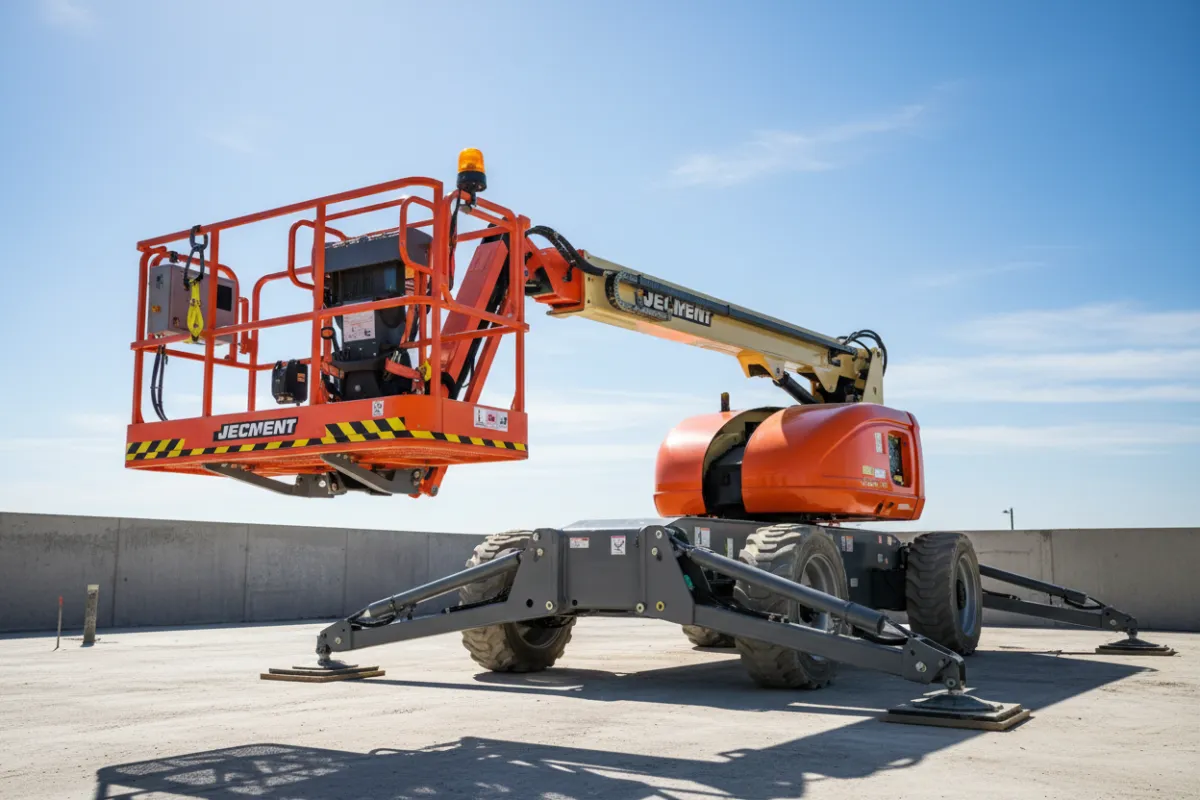 Boom lift parked on site showing platform, controls, and safety-focused design.
