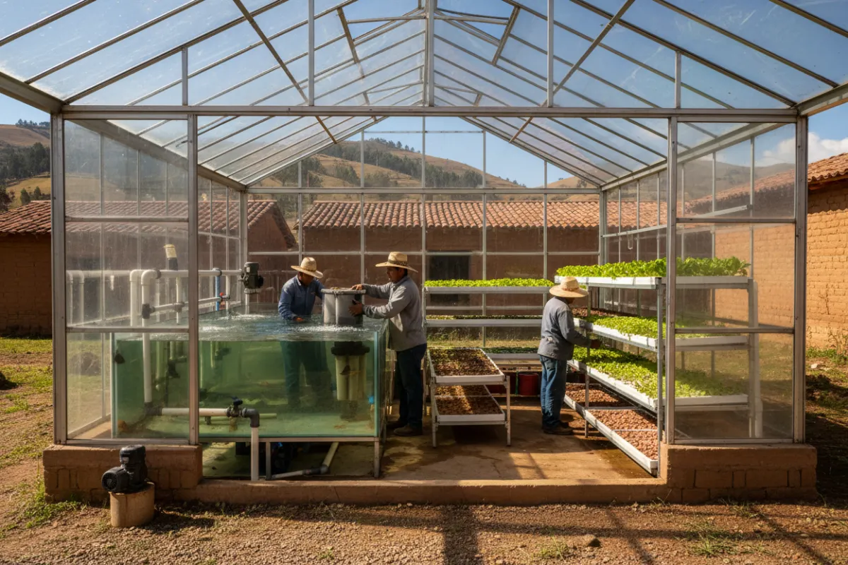 High-resolution image of an aquaponics greenhouse installation in a Latin American rural school, workers installing tanks, seedlings in trays, bright natural light, demonstrating scalable food-security tech in community settings.