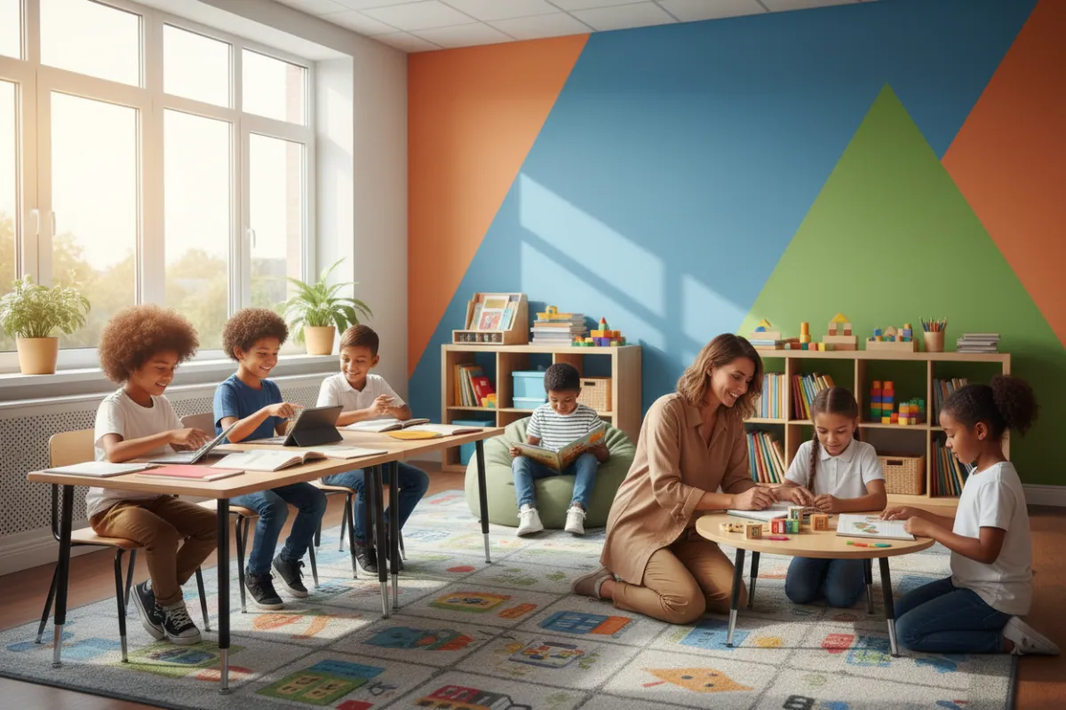 Children in a renovated school classroom using tablets and reading materials, teacher assisting, bright and colorful environment.