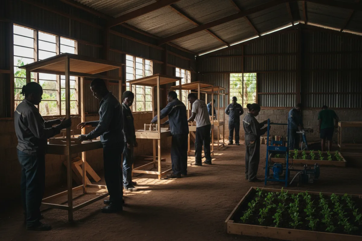 Landscape image of a vocational training workshop where local participants build small business prototypes and practice sustainable farming tools, natural daylight, candid documentary style emphasizing skills transfer.