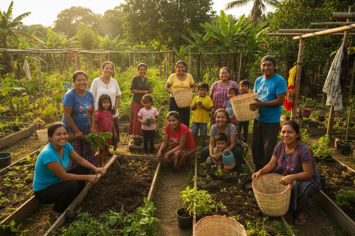 Portrait-style photograph showing a local community co-op meeting in a sunlit room with maps and project plans on the table, a Latin American female community leader presenting, soft natural lighting, documentary photorealistic style emphasizing partnership and local ownership.