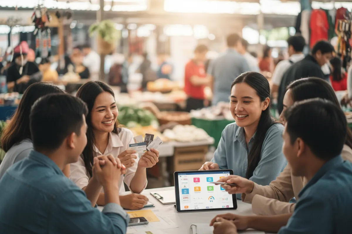 Portrait-style photograph showing a local community co-op meeting in a sunlit room with maps and project plans on the table, a Latin American female community leader presenting, soft natural lighting, documentary photorealistic style emphasizing partnership and local ownership.