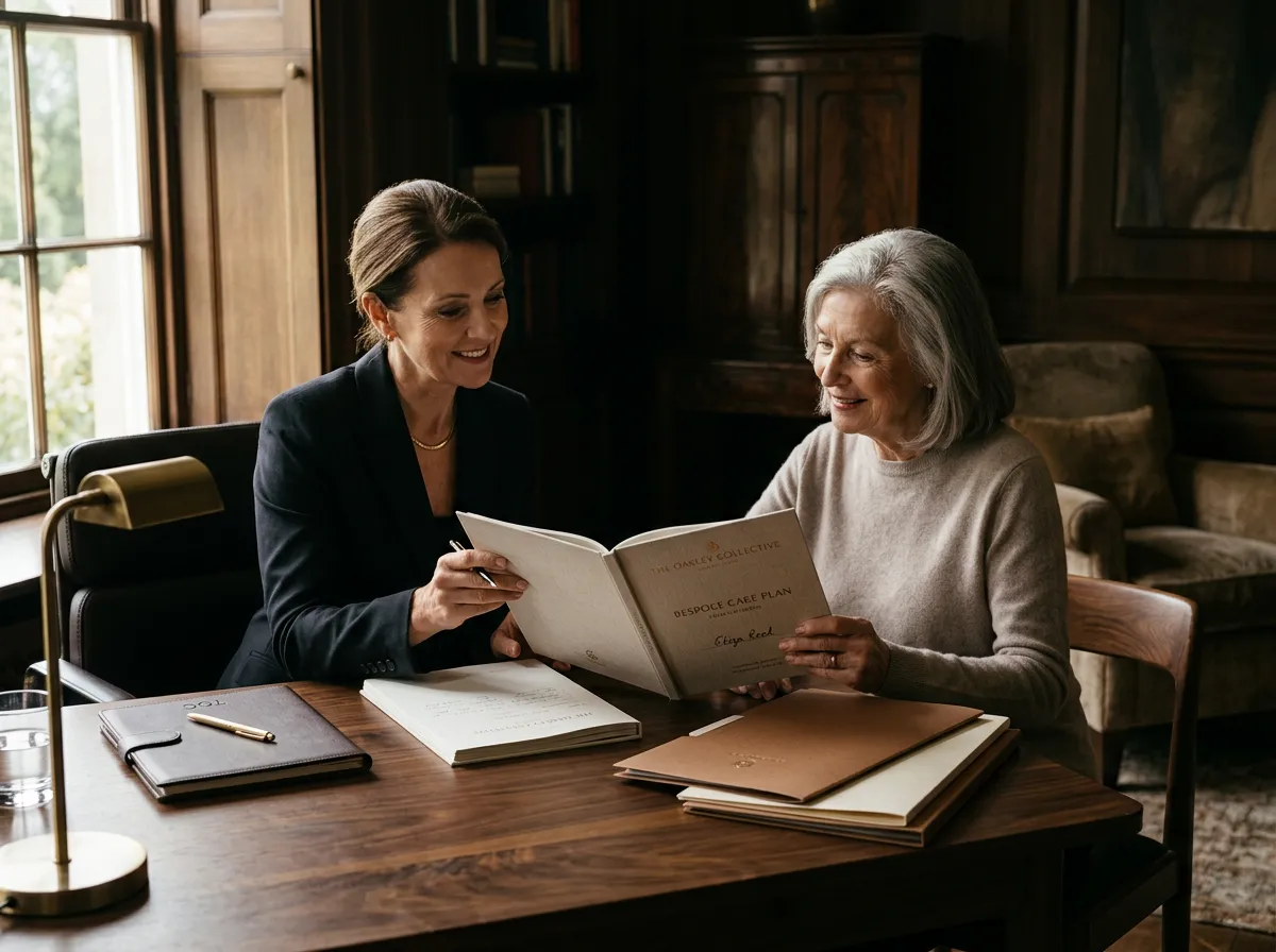 Care director and client reviewing a bespoke care plan together in sunlit living room