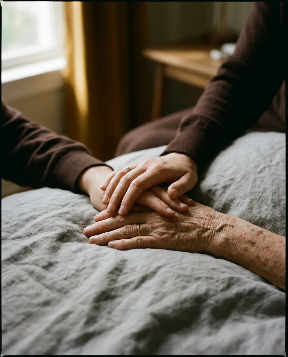 Tender close-up of a compassionate caregiver gently holding the hands of an elderly parent in warm natural light