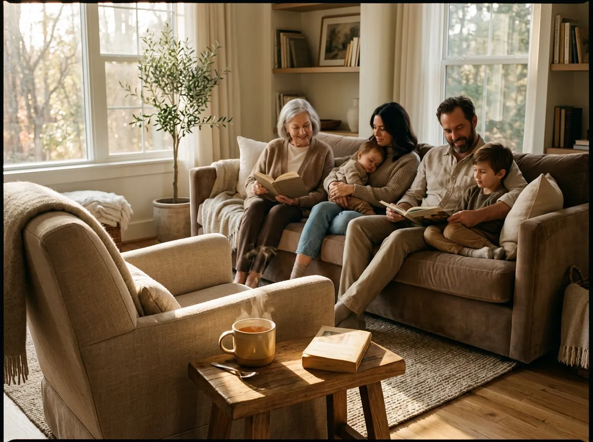 Serene multigenerational family gathering enjoying relaxed reassurance at home