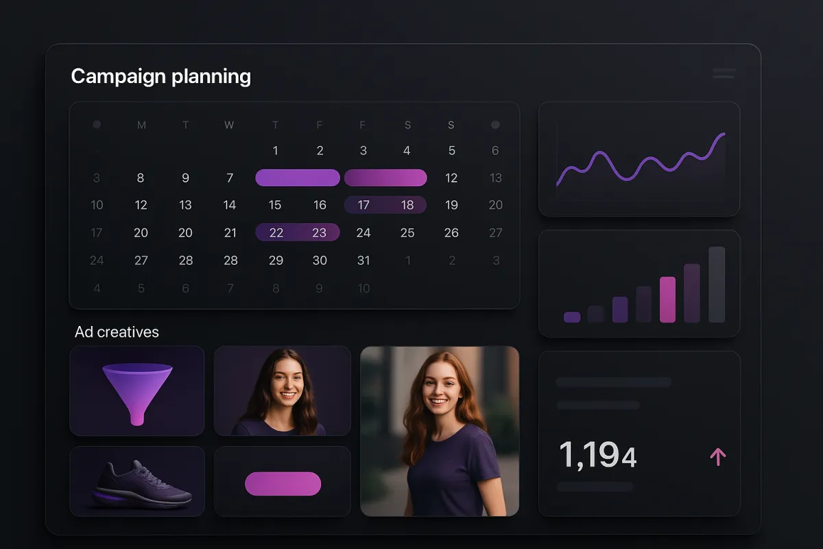 Panel de planificación de campañas con calendario, creatividades y métricas de rendimiento