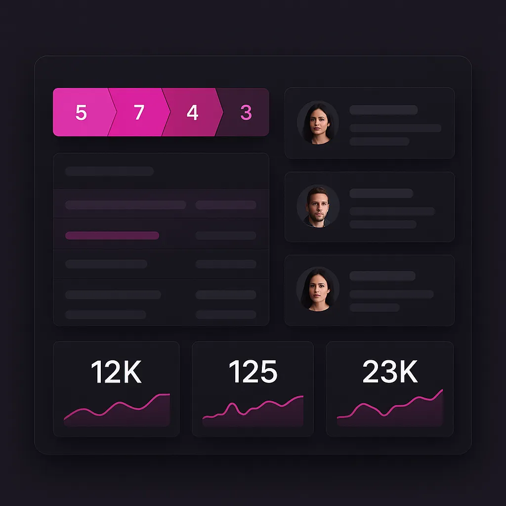 CRM dashboard UI with pipeline stages and KPI tiles