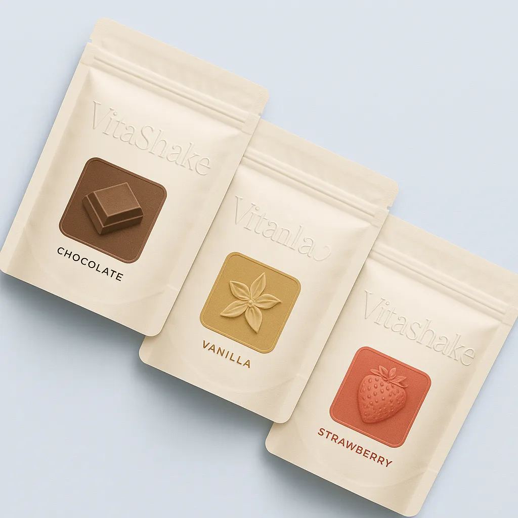 Product flatlay of three VitaShake flavor pouches arranged diagonally, studio-lit (1:1).