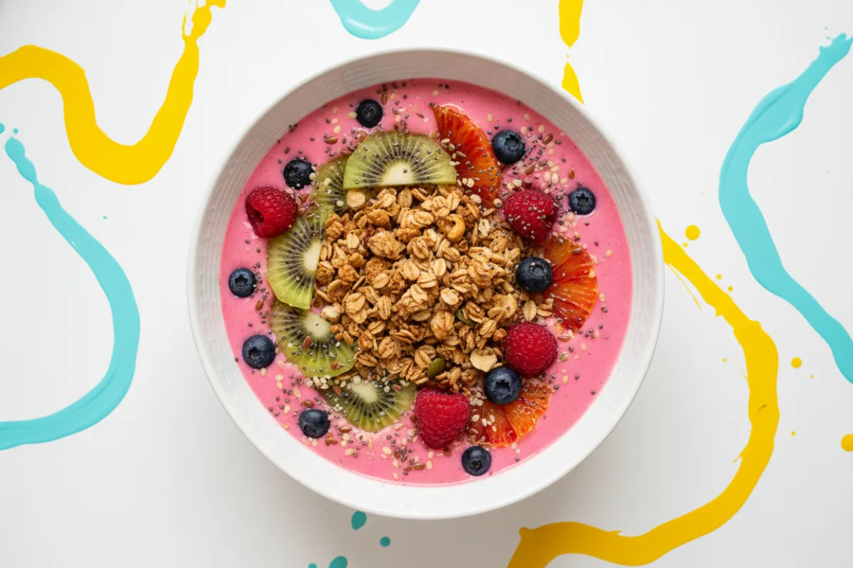 Overhead kitchen scene of VitaShake smoothie bowl, bright appetizing styling (1:1).