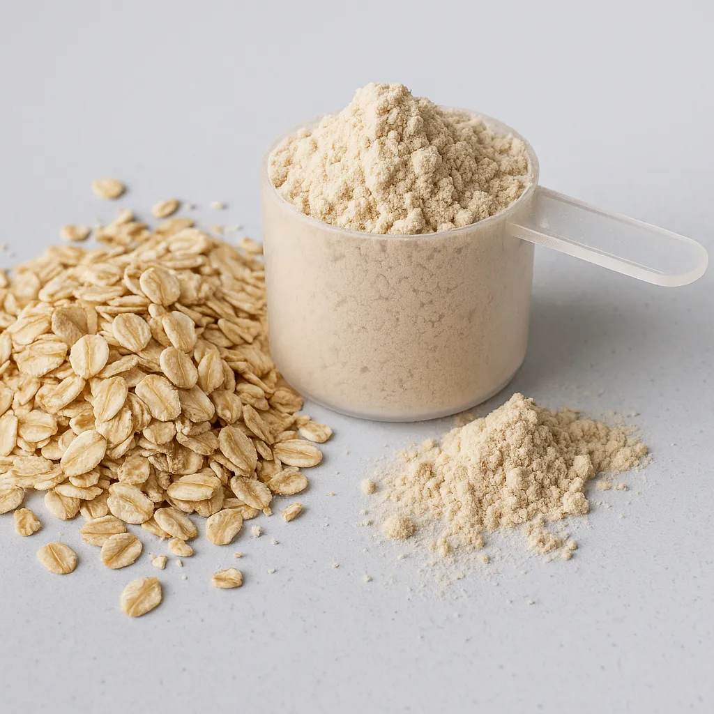 Close-up ingredients with oats and protein powder beside a VitaShake scoop (1:1).