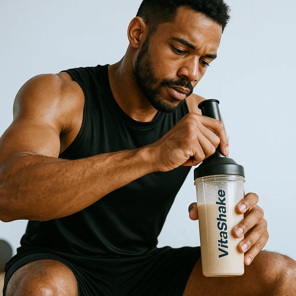 Commuter holding a VitaShake cup near a window, candid lifestyle shot (1:1).