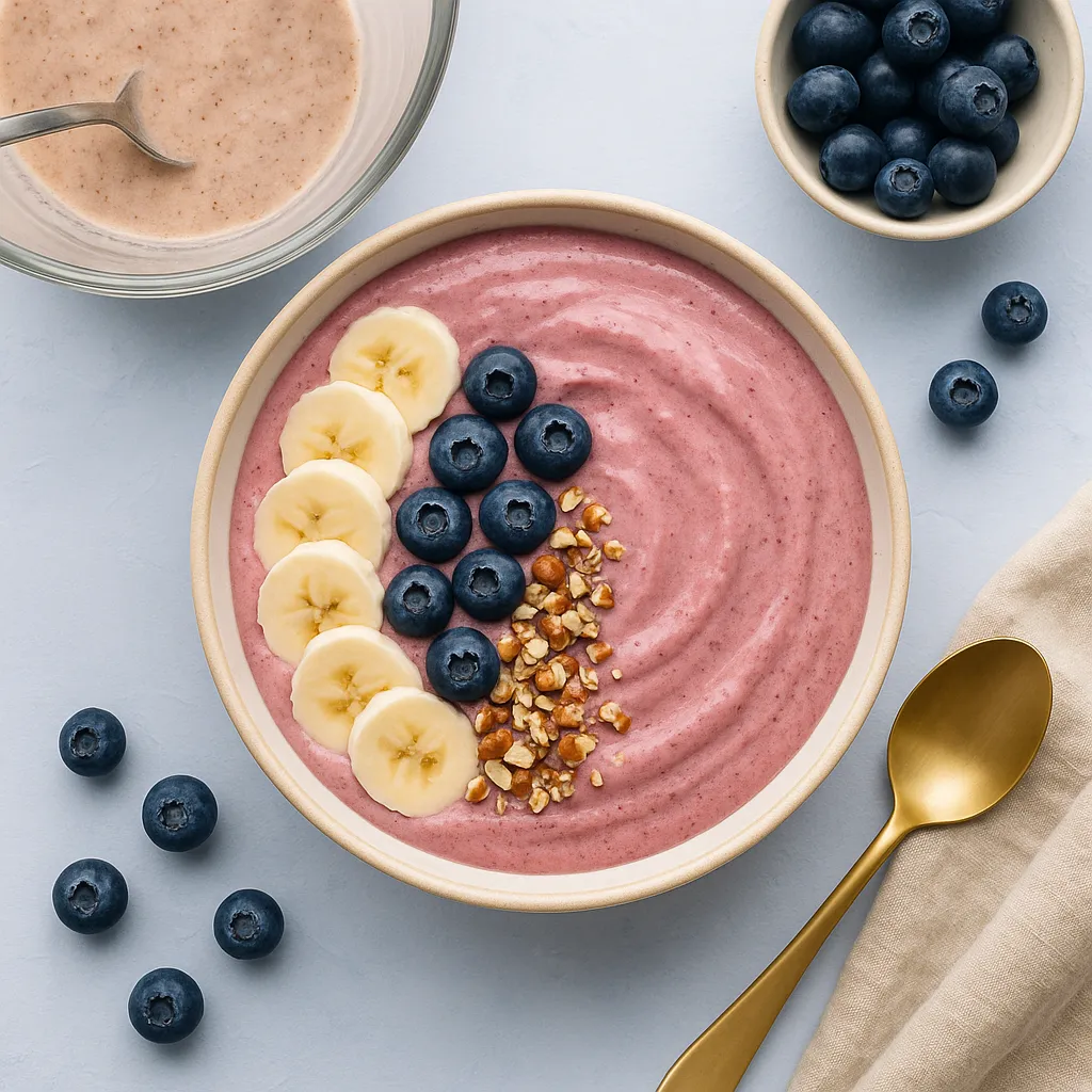 Overhead kitchen scene of VitaShake smoothie bowl, bright appetizing styling (1:1).