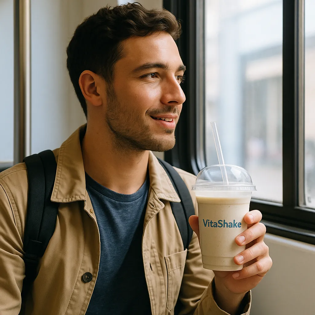 Commuter holding a VitaShake cup near a window, candid lifestyle shot (1:1).