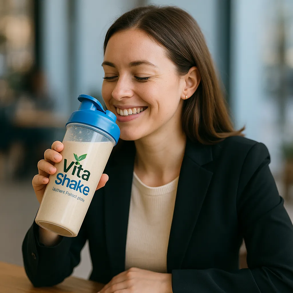 Smiling professional sipping VitaShake at a cafe table, shallow depth-of-field (1:1).