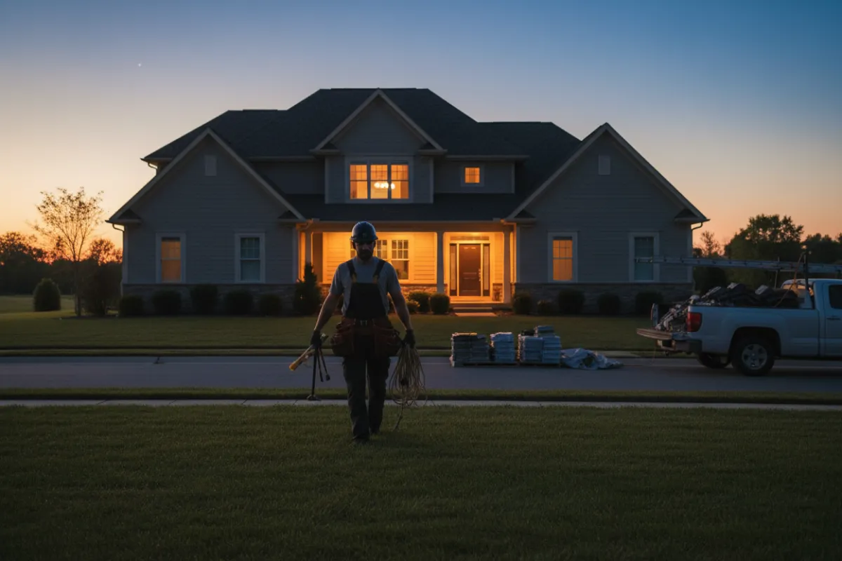 Evening view of a craftsman cleaning up after a roof installation, carrying tools, with the home softly lit and a tidy yard.