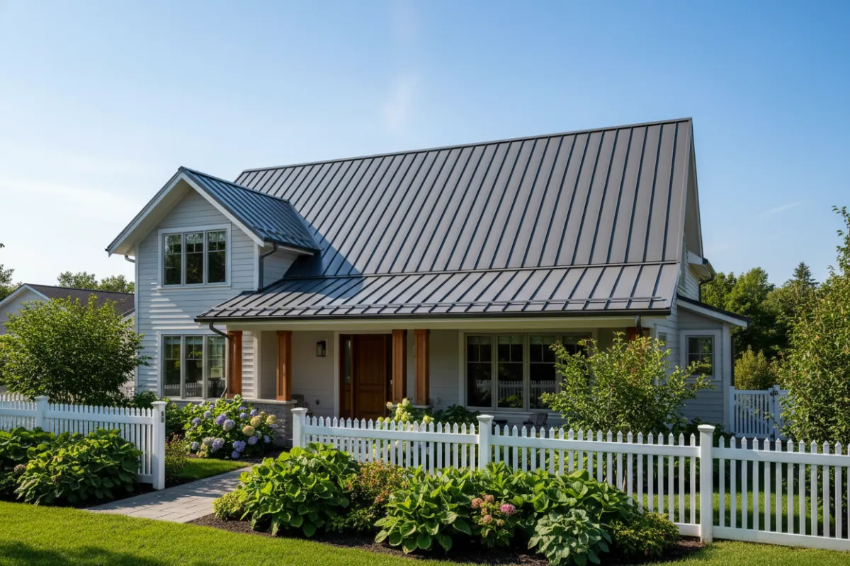 Wide shot of a family home with a new metal roof, sunlight reflecting off the panels, surrounded by green landscaping and a picket fence.
