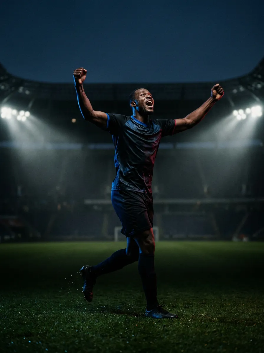Elite athlete celebrating explosive breakaway speed on the pitch