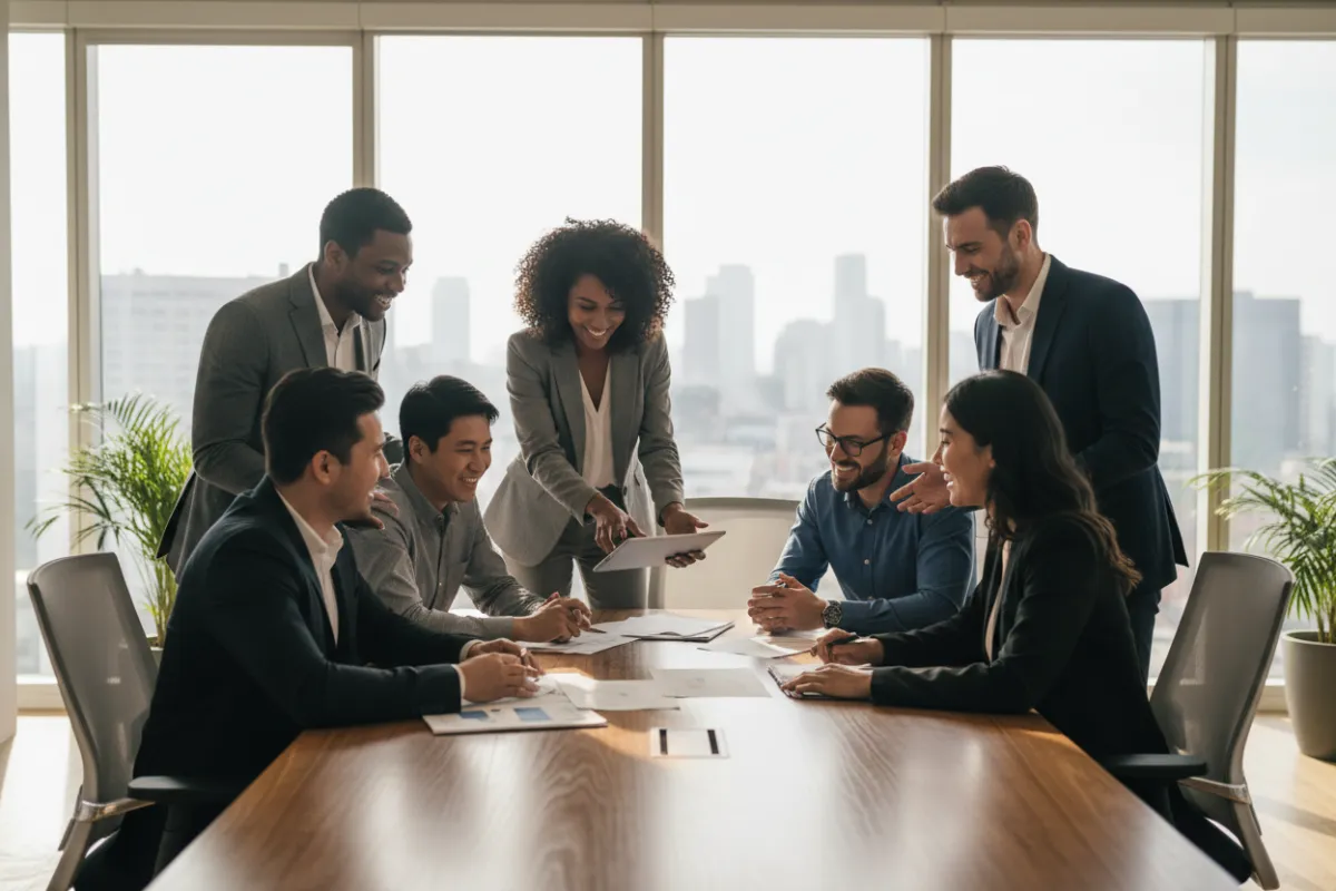 A diverse group of professionals in business attire, gathered around a table, collaborating and smiling in a modern office with large windows and natural light. The scene conveys trust, teamwork, and positive leadership energy.