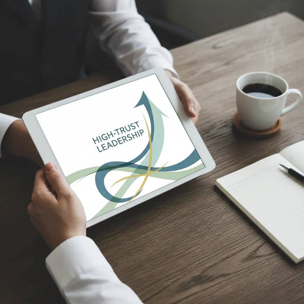 A close-up of a digital tablet displaying the cover of the 'High-Trust Leadership' eBook, held by a professional's hands over a wooden desk with a coffee mug and notepad nearby.