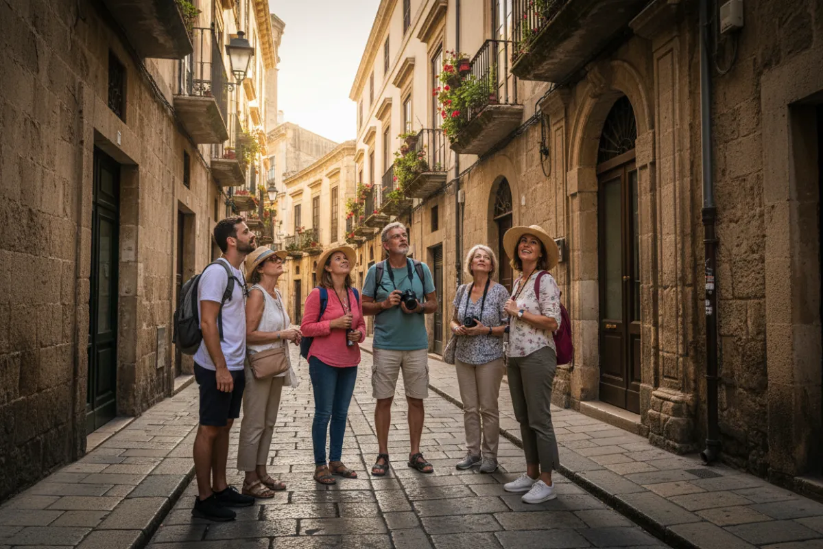 Rua histórica com guia explicando arquitetura a pequeno grupo, roteiro cultural Home Turismo.