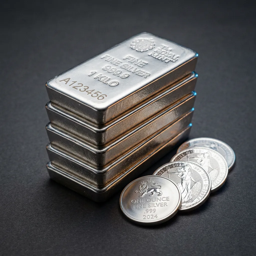 Silver bullion rounds and 100oz silver bars showcase