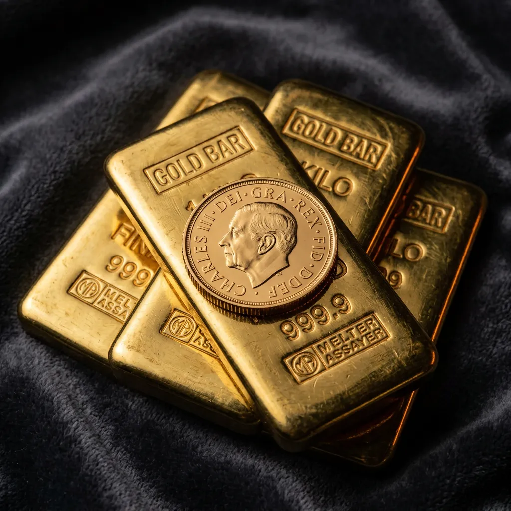 Gold bullion bars and sovereign gold coins showcase