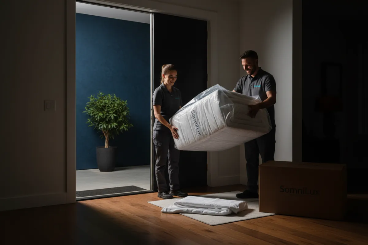 SomniLux delivery team unboxing a mattress at a customer's doorway; friendly staff in uniform, clean packaging; photorealistic image demonstrating the white-glove experience.