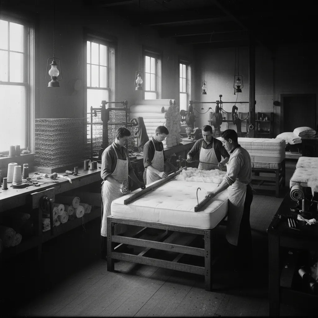 Heritage archival photo: classic SomniLux factory scene in high-quality black-and-white style, showcasing early mattress craftsmanship and historical tools