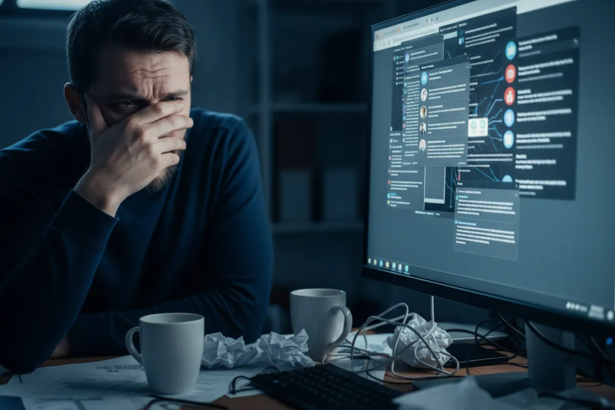 Frustrated marketer at a cluttered desk struggling with complex outreach tools