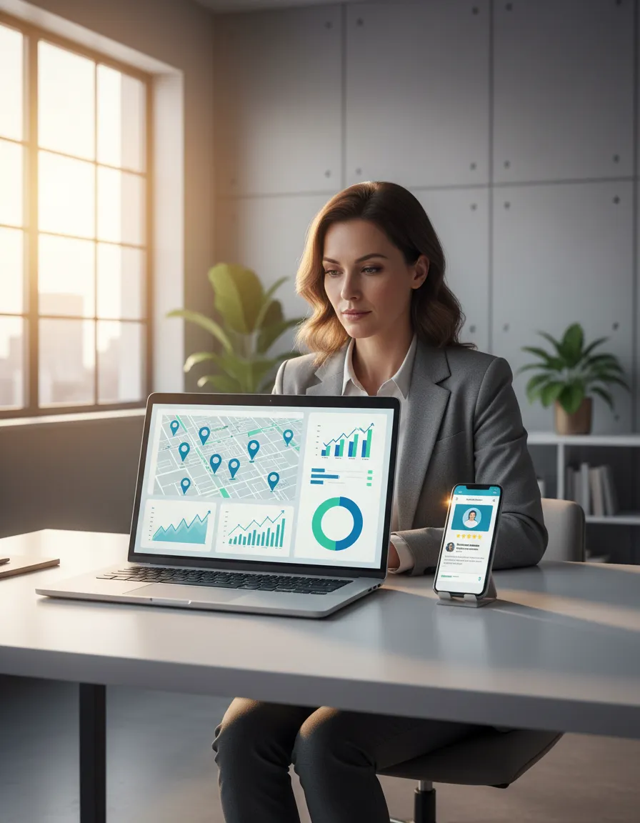 Marketing expert reviewing local SEO analytics dashboard on laptop and phone