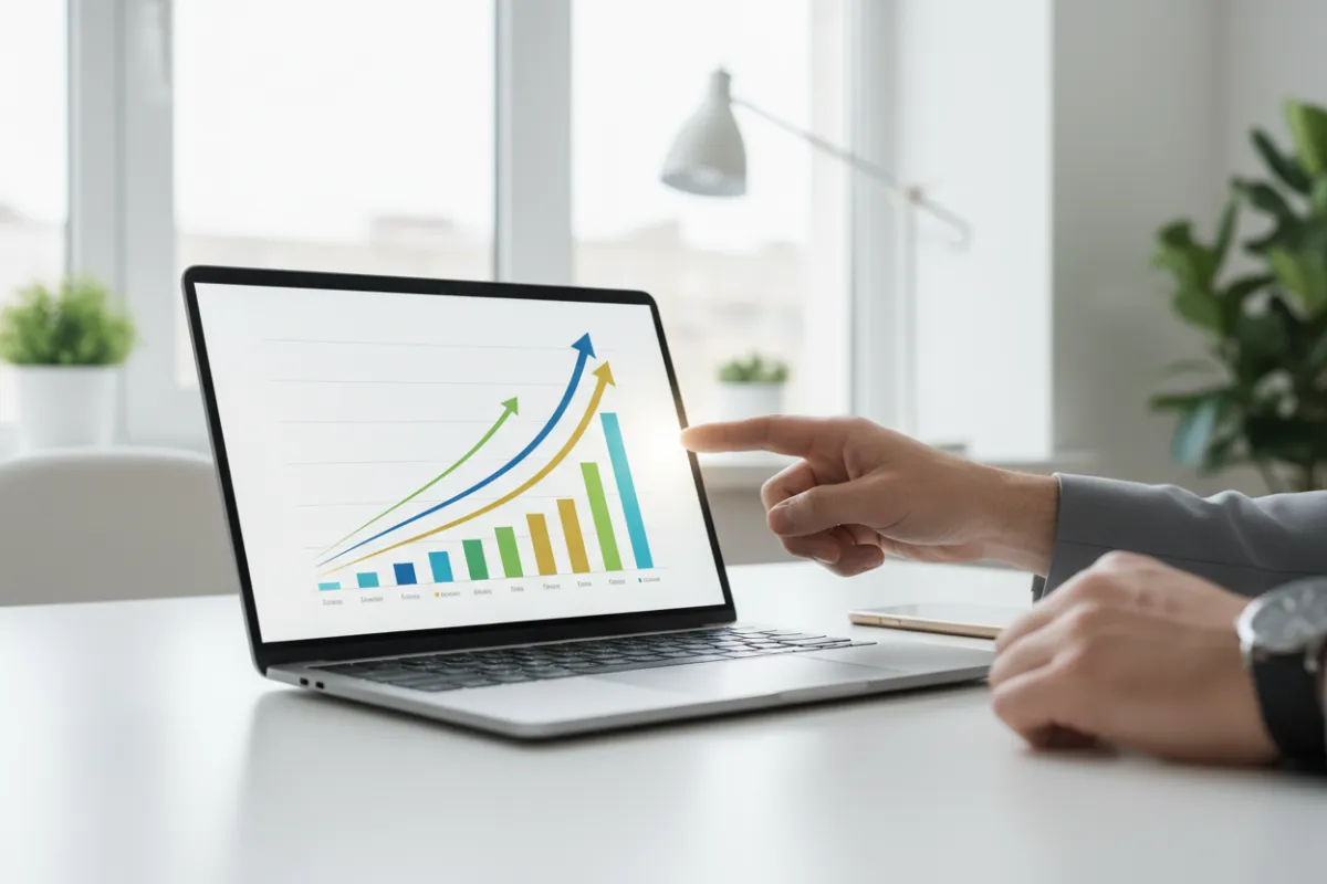 A close-up of a financial dashboard on a laptop, showing upward-trending real estate investment graphs and charts, with a hand pointing at the screen. The setting is a bright, modern workspace, emphasizing growth and transparency.