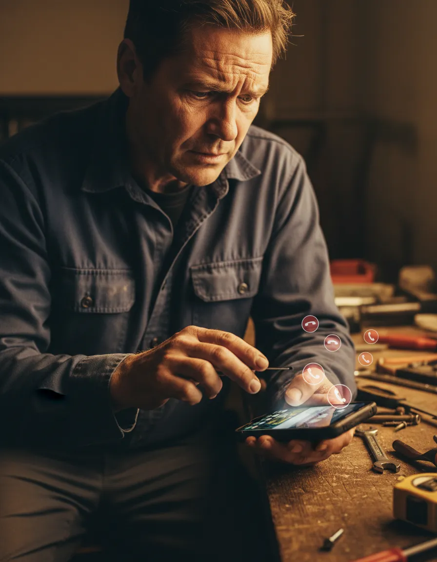 Man on phone looking stressed with missed call notifications