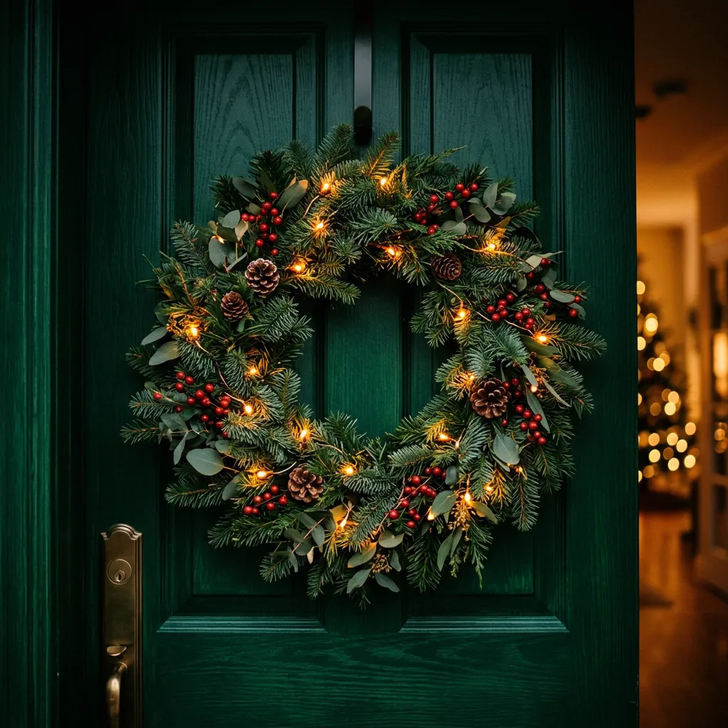 A warmly lit lush Christmas wreath on an elegant wooden front door surrounded by golden sparkling lights