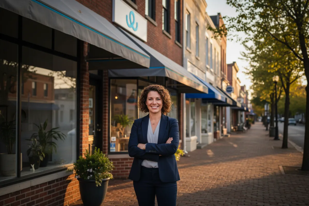 Local business owner smiling in front of store