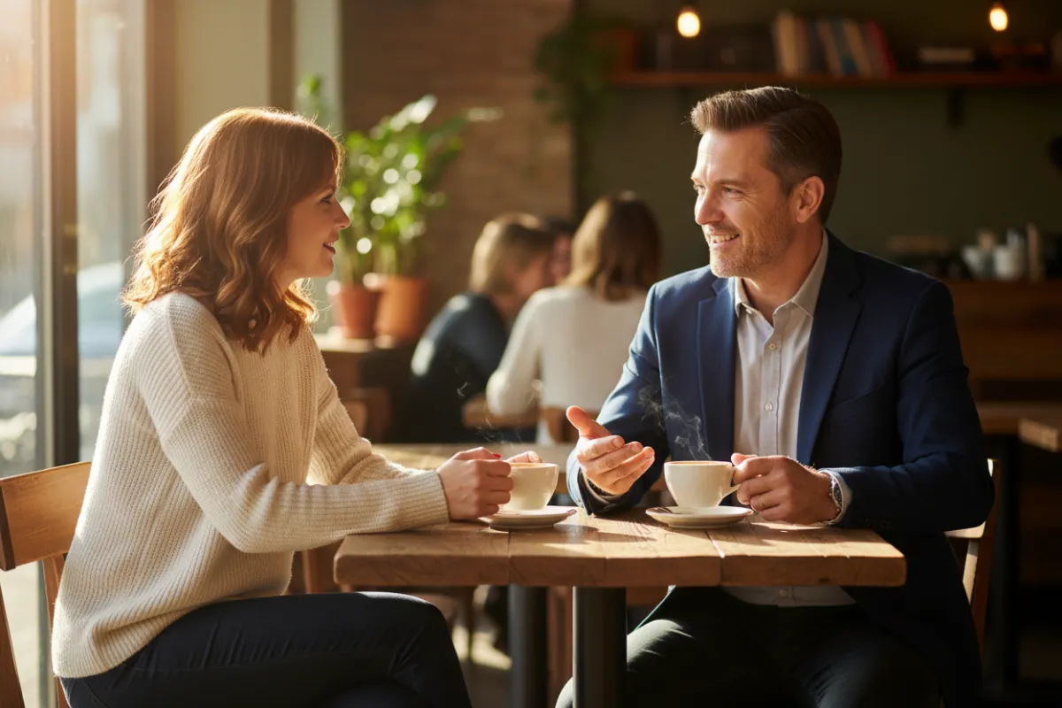Middle-aged man meeting a client casually over coffee in a coffee shop