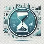 A modern, flat-design icon in a circular format with a transparent background. The design features an hourglass with coins dropping through it, symbol