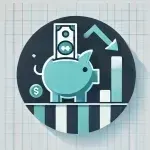 A modern, flat-design icon in a circular format with a transparent background. The design features a sinking piggy bank with a dollar bill slipping aw