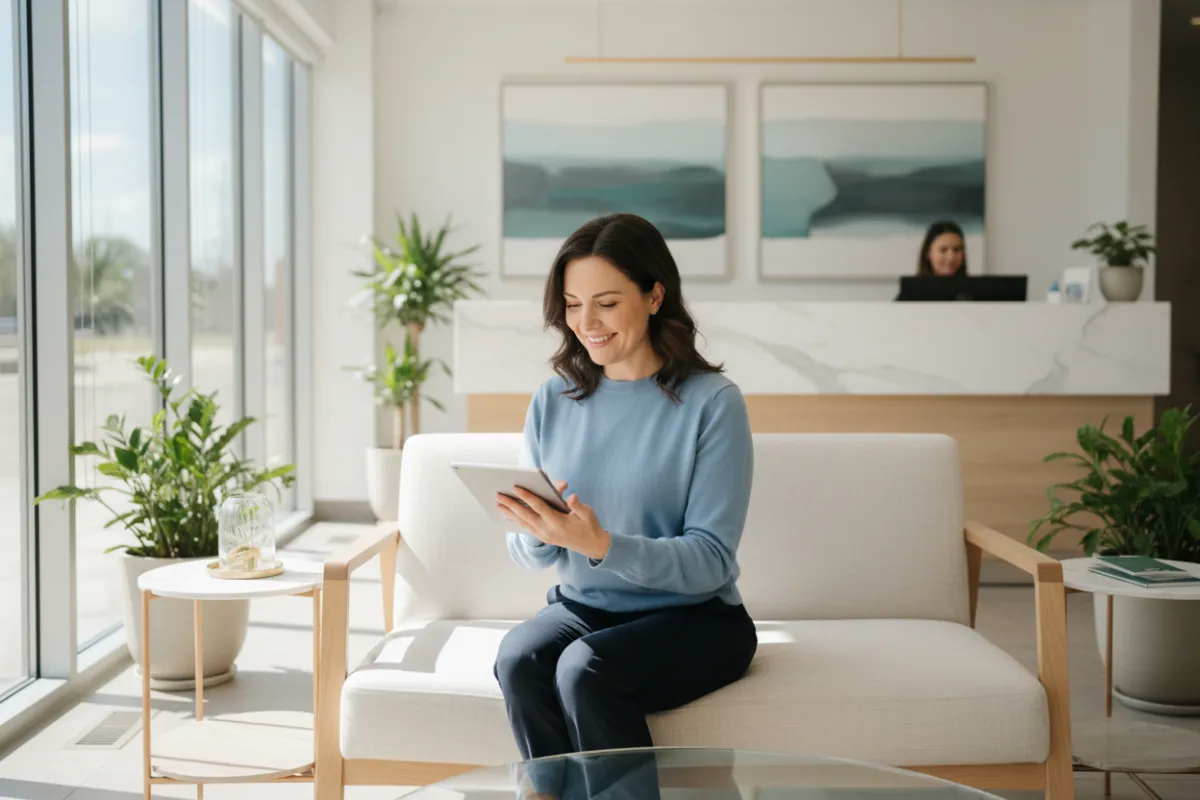 Smiling woman in her 30s filling out a health questionnaire on a tablet in a bright, welcoming clinic reception area, with plants and modern decor.