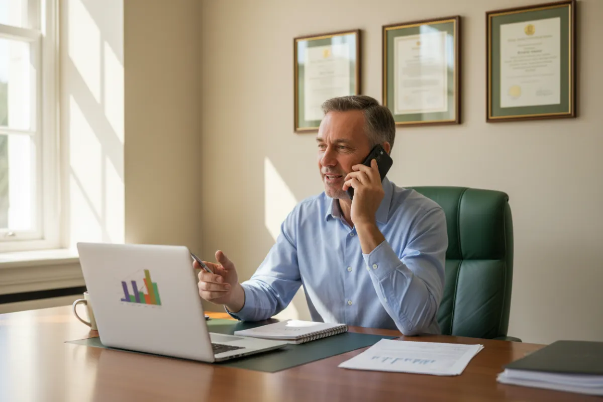 Male clinical coordinator in his 40s, wearing a blue shirt, speaking on the phone at a desk with a laptop and notepad, in a well-lit office with certificates on the wall.