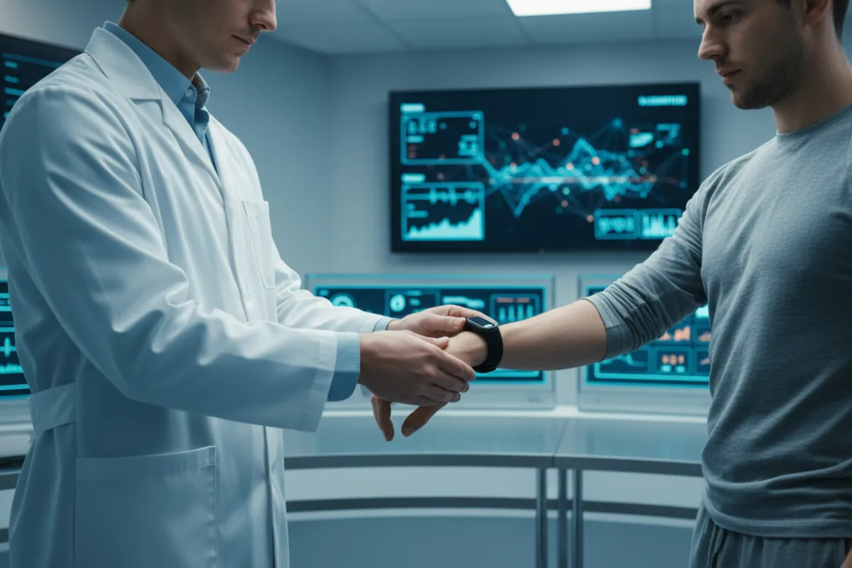 Researcher using wearable fitness technology with participant in a clinical setting, surrounded by digital health monitors and data screens, both focused and engaged.