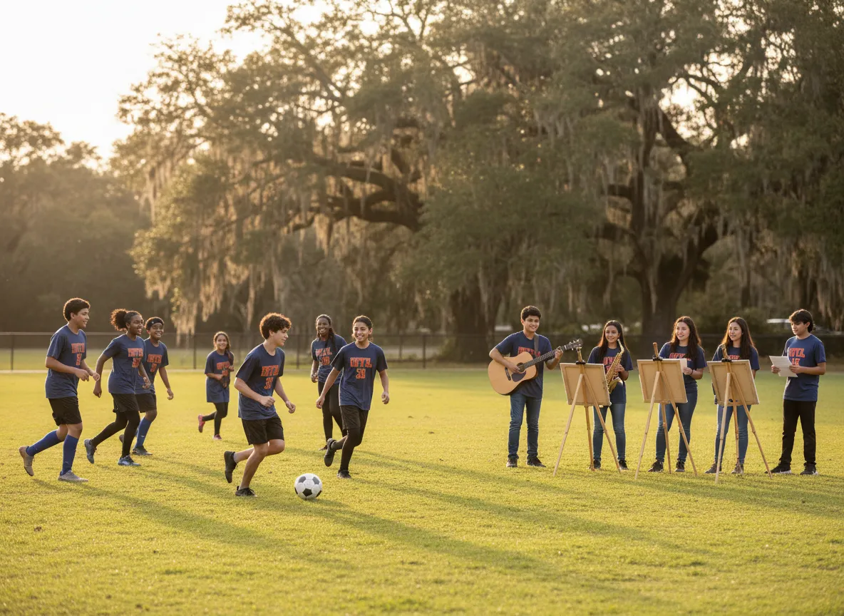 Soft oil painting of a teacher guiding children in a warm, classical classroom.