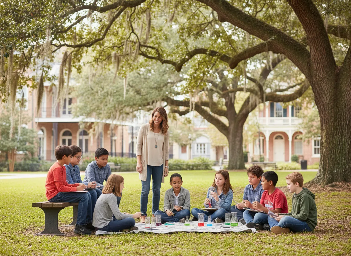 Soft oil painting of a teacher guiding children in a warm, classical classroom.