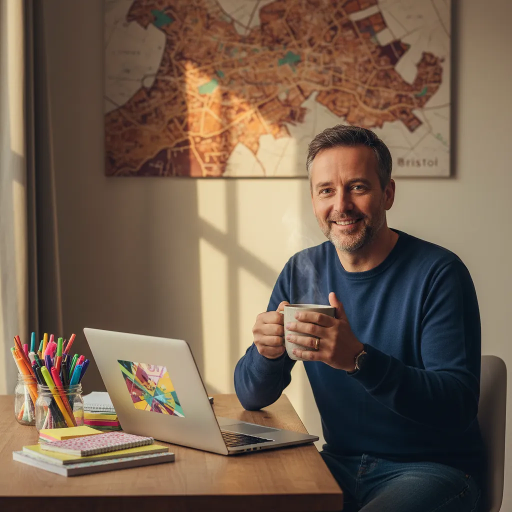 A friendly man in his 40s, sitting at a desk with a laptop and a cup of tea, surrounded by colourful stationery and a Bristol map on the wall, warm and inviting, 1:1 aspect ratio.