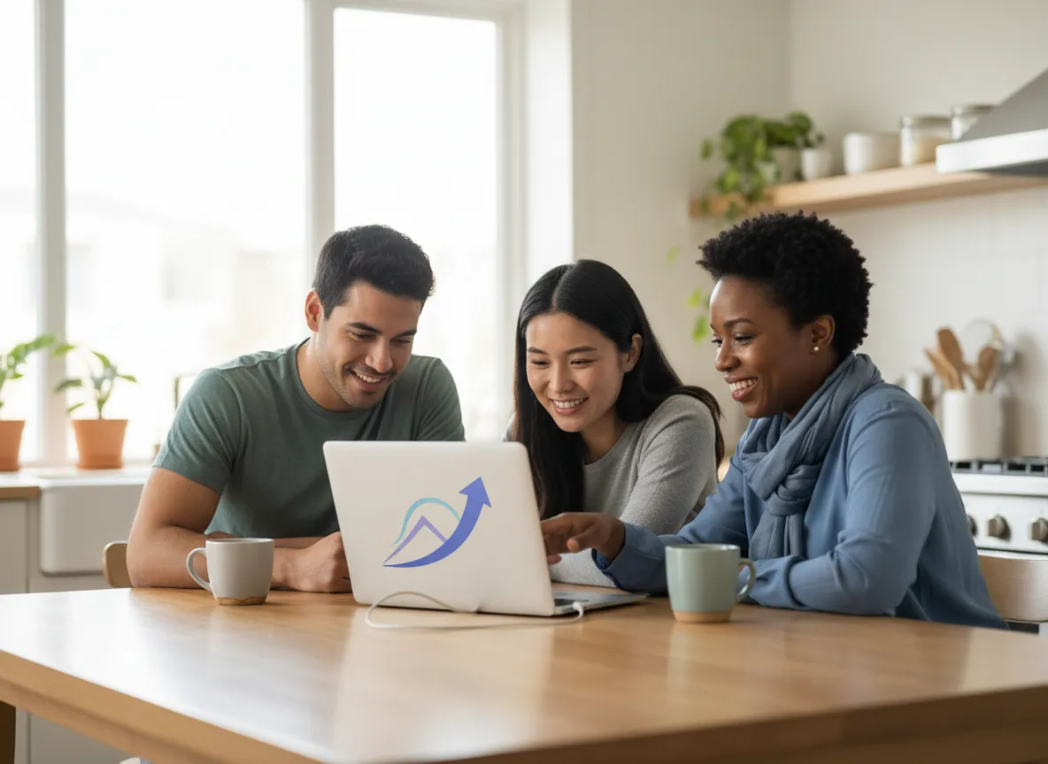 Customer reviewing improved credit score on a laptop with advisor