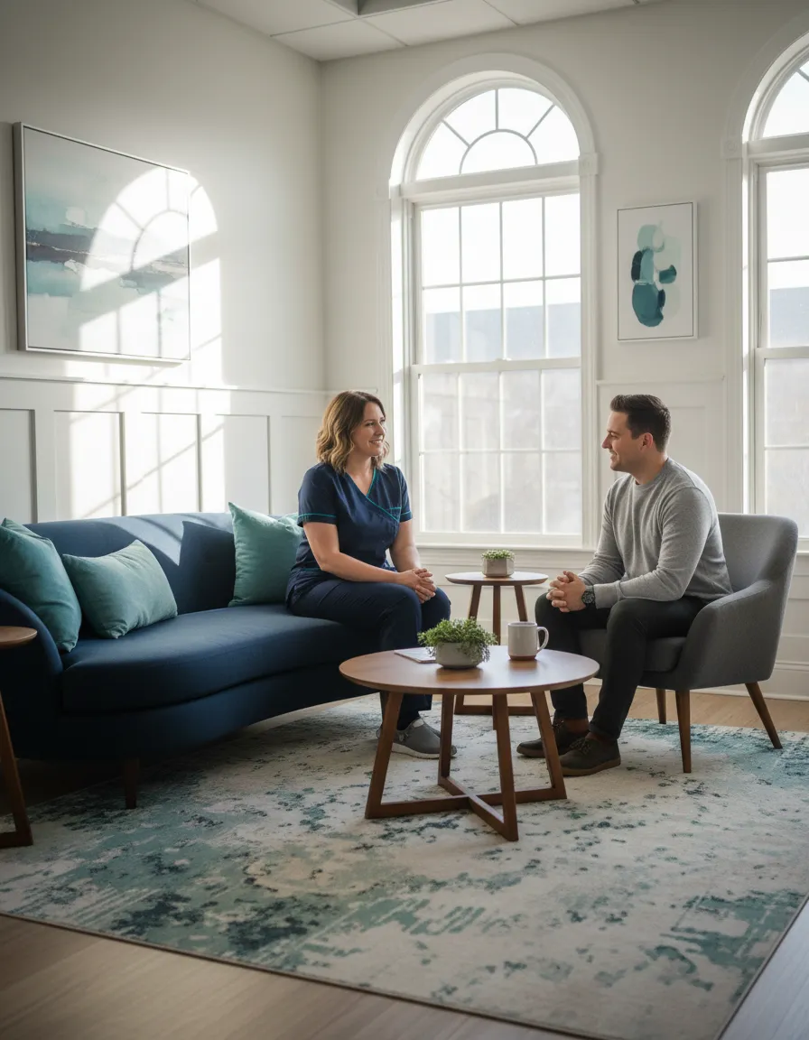 A dignified and calming clinic environment where a provider consults a patient.